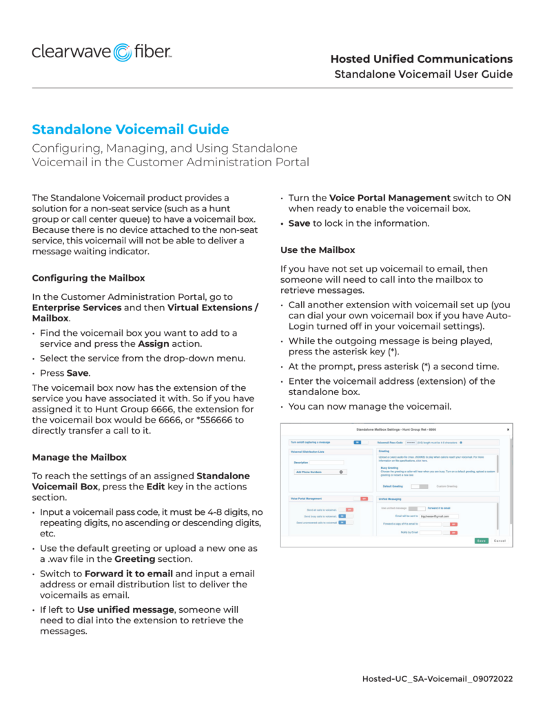 Preview of Standalone Voicemail Guide Document